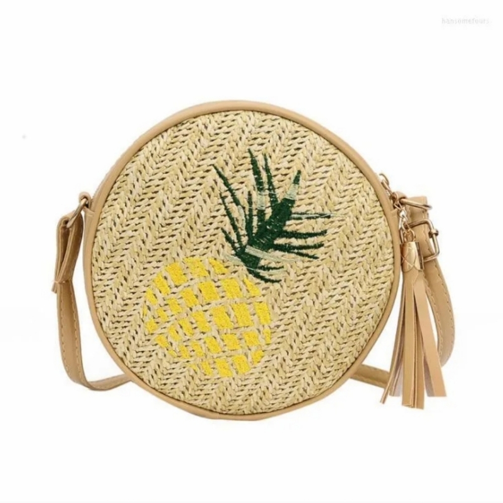 🆕️ Pineapple Embroidered Round Crossbody Bag with Tassels